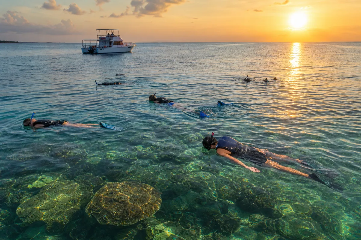 Guided snorkeling over clear water and reef near Palancar Gardens