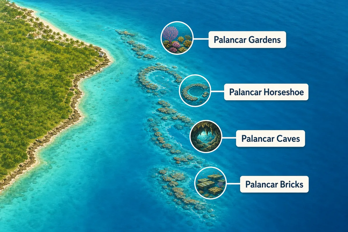 Simplified map-style guide to Palancar Gardens, Horseshoe, Caves, and Bricks