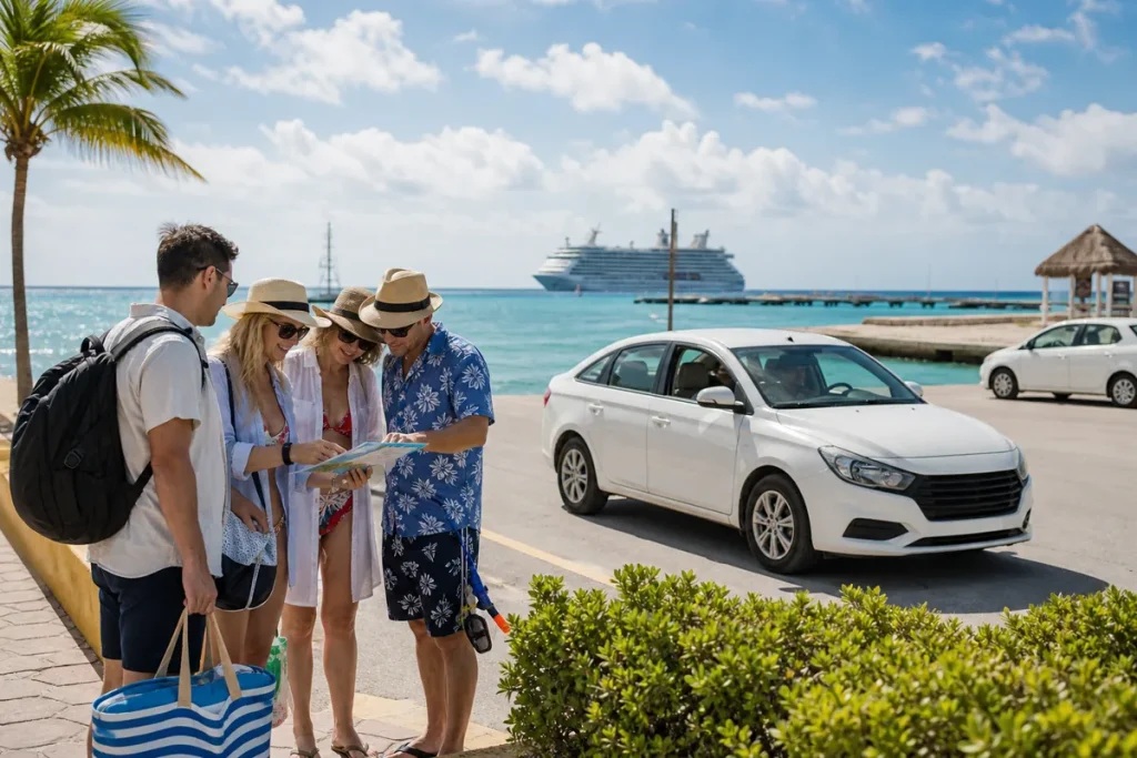 Cruise passengers planning a taxi ride near Puerta Maya and International Pier in Cozumel