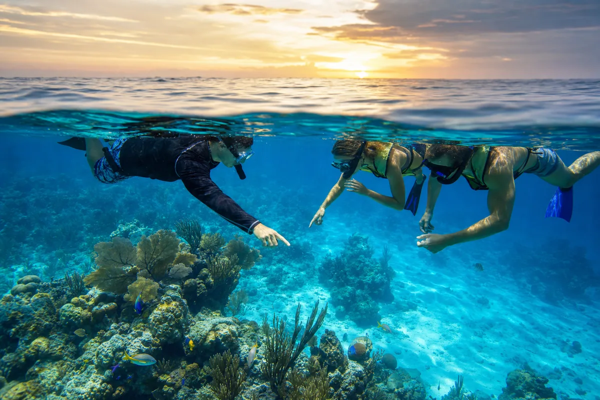 Snorkelers floating above coral without touching the reef