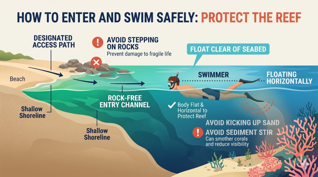 An instructional diagram demonstrating proper shore entry to protect shallow coral reefs from sediment disruption