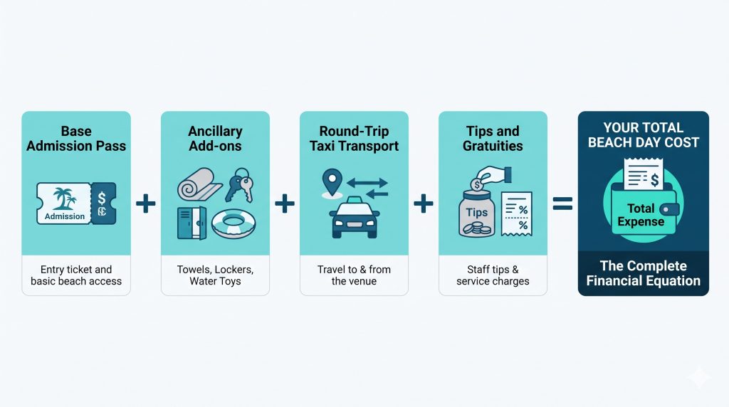 An infographic breaking down the true cost of a beach club visit into admission, extras, transport, and gratuities